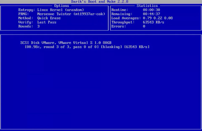 Скриншот DBAN, стирающего жесткий диск