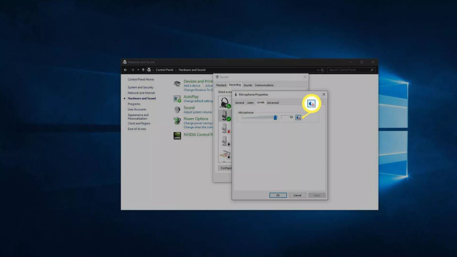 Снимок экрана с отключенным микрофоном в Windows